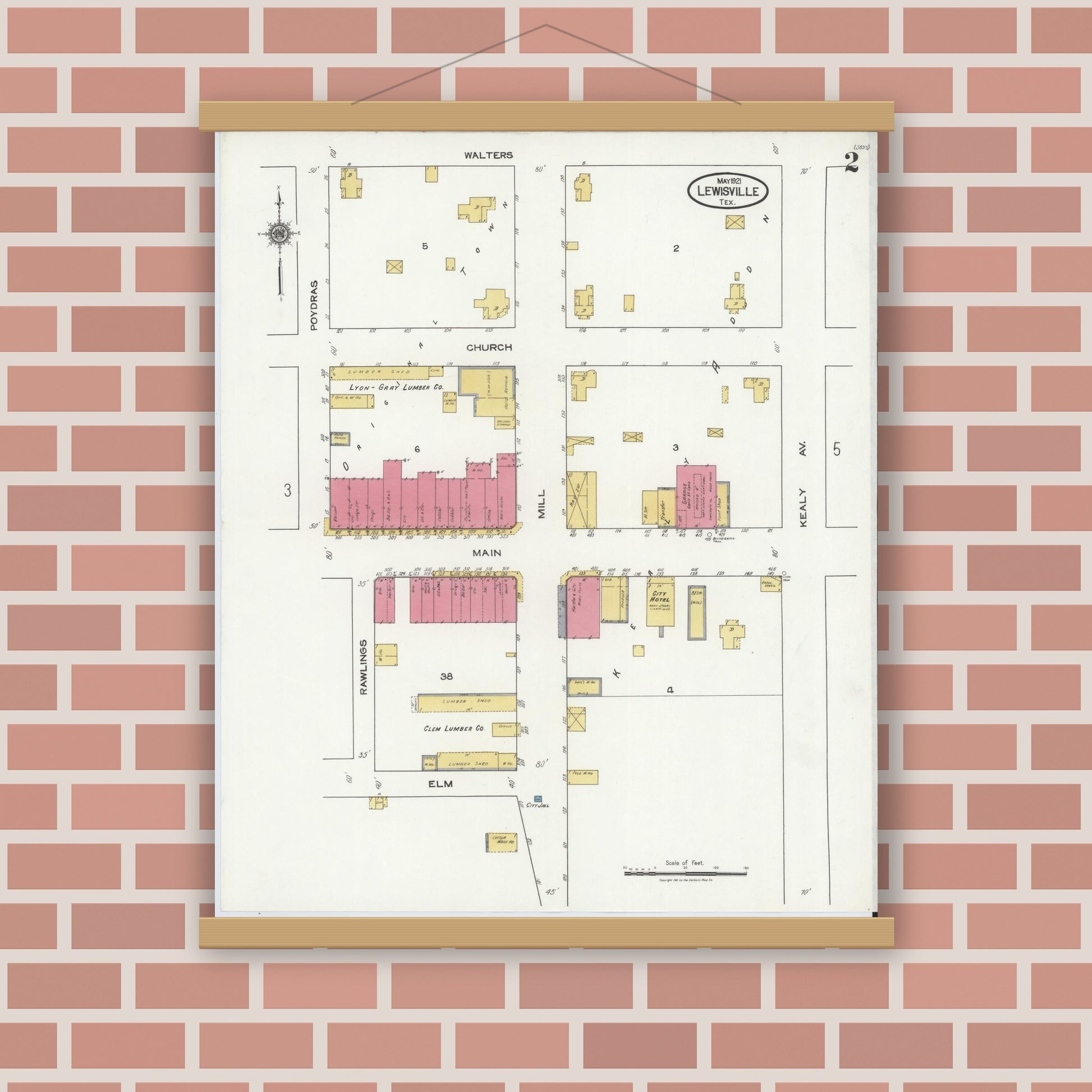Old map wall art mockup — magnetic wood frame on brick wall — Sanborn Fire Insurance Map from Lewisville, Denton County, Texas (1921), Sheet #0002