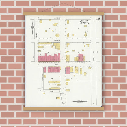 Old map wall art mockup — magnetic wood frame on brick wall — Sanborn Fire Insurance Map from Lewisville, Denton County, Texas (1921), Sheet #0002