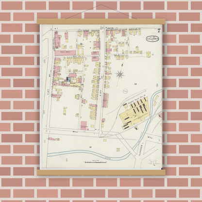 Old map wall art mockup — magnetic wood frame on brick wall — Sanborn Fire Insurance Map from Columbia, Lancaster County, Pennsylvania (1894), Sheet #0007