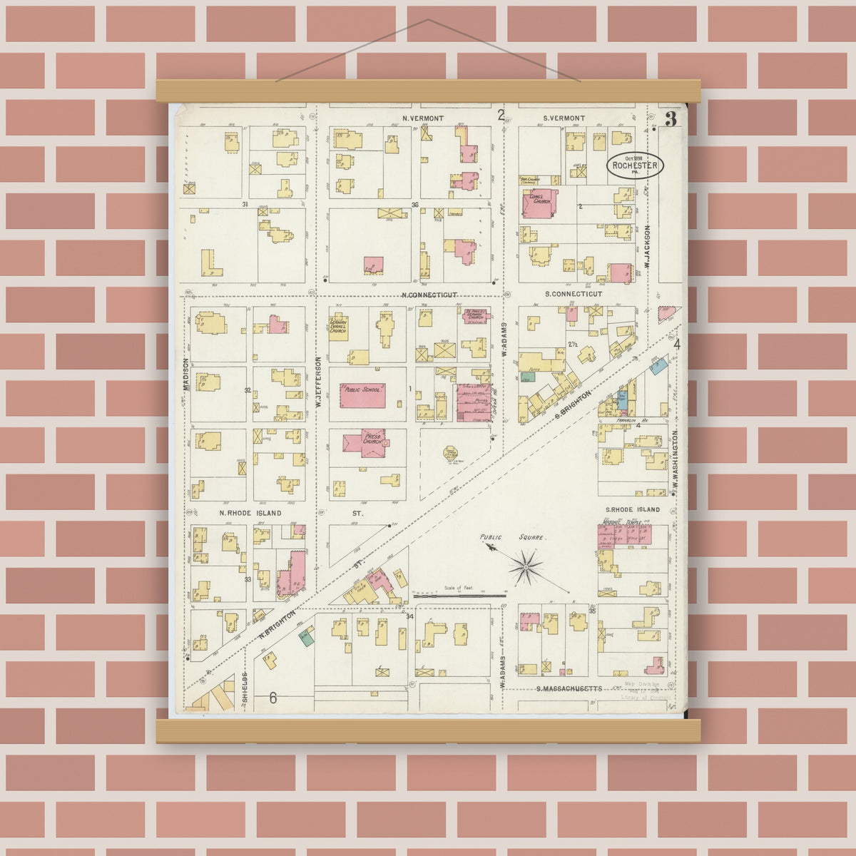Old map wall art mockup — magnetic wood frame on brick wall — Sanborn Fire Insurance Map from Rochester, Beaver County, Pennsylvania (1898), Sheet #0003