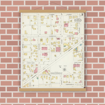 Old map wall art mockup — magnetic wood frame on brick wall — Sanborn Fire Insurance Map from Rochester, Beaver County, Pennsylvania (1898), Sheet #0003