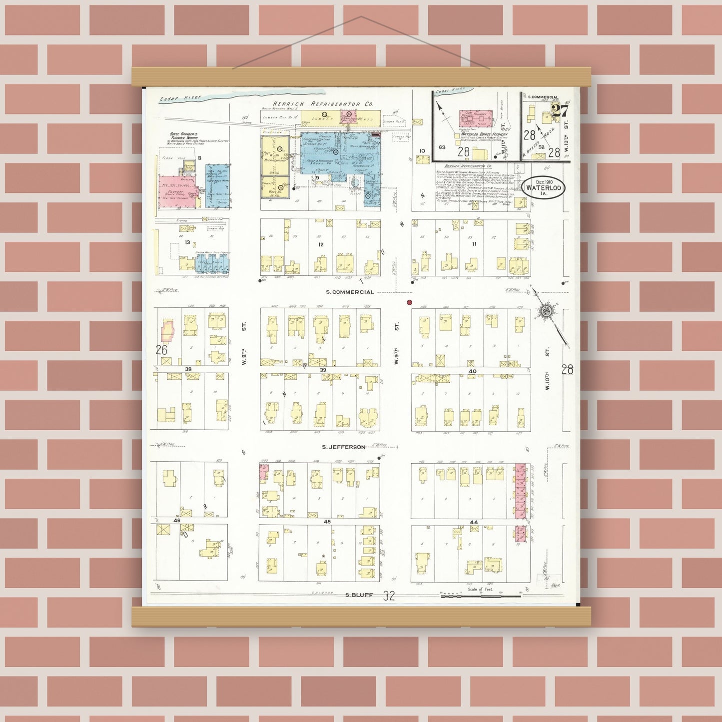 Old map wall art mockup — magnetic wood frame on brick wall — Sanborn Fire Insurance Map from Waterloo, Black Hawk County, Iowa (1910), Sheet #0027