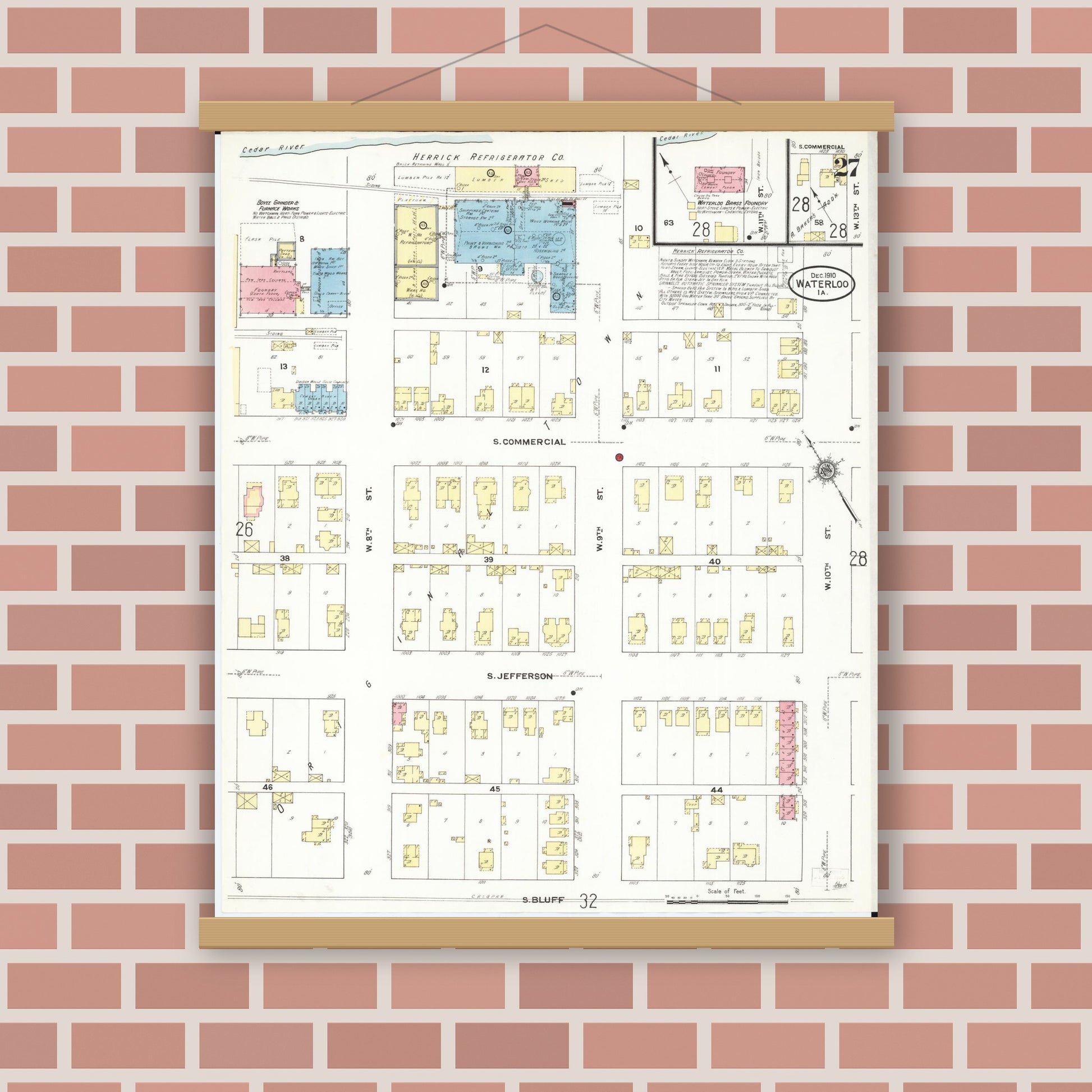 Old map wall art mockup — magnetic wood frame on brick wall — Sanborn Fire Insurance Map from Waterloo, Black Hawk County, Iowa (1910), Sheet #0027