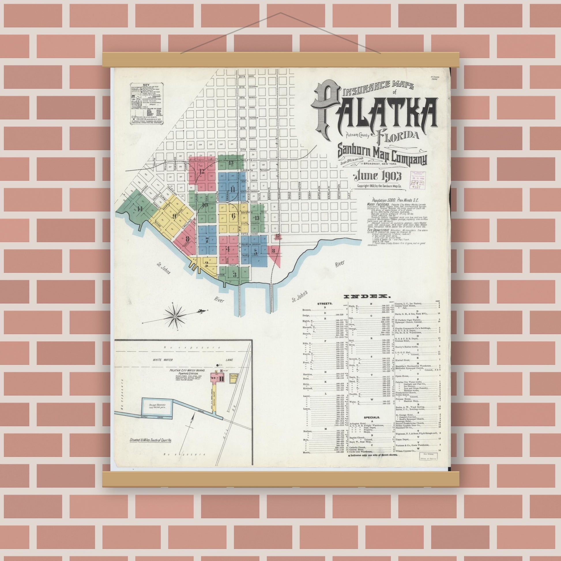 Old map wall art mockup — magnetic wood frame on brick wall — Sanborn Fire Insurance Map from Palatka, Putnam County, Florida (1903) - Complete Map Set