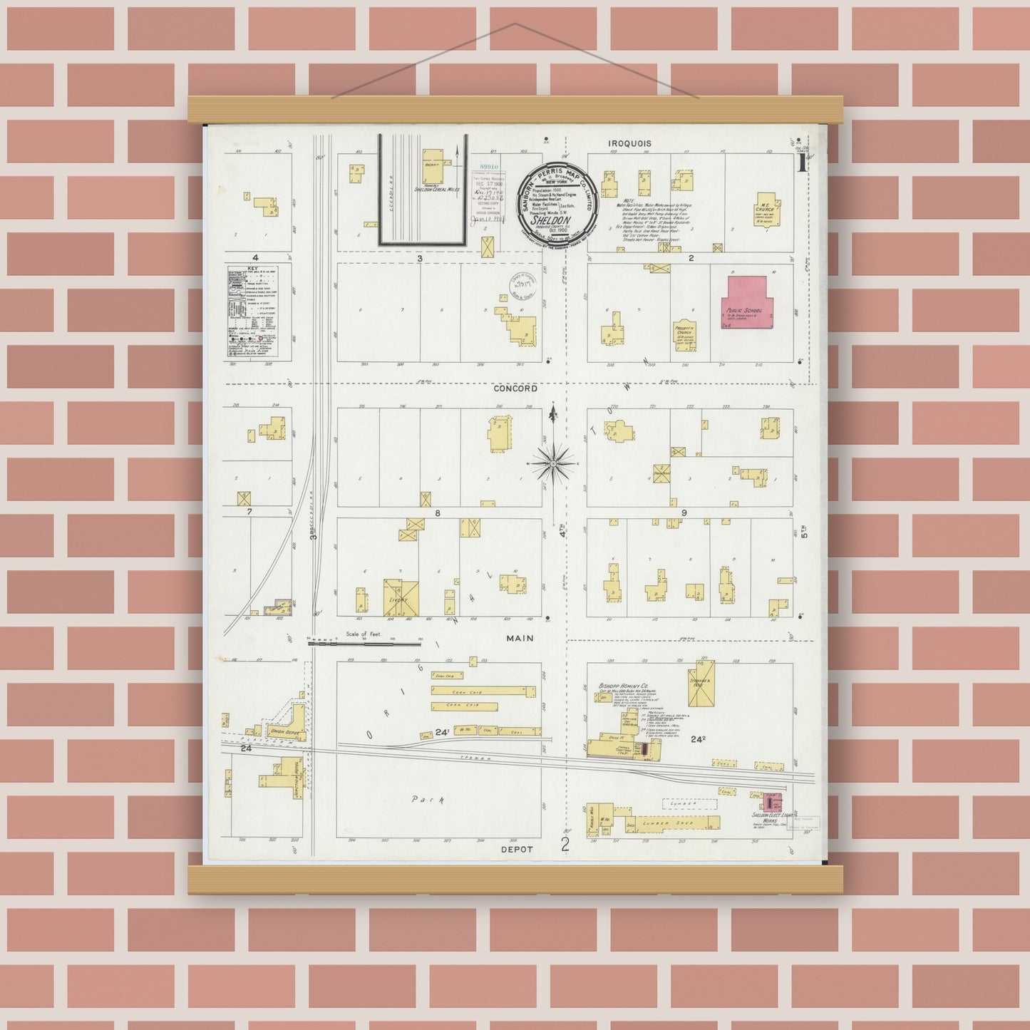 Old map wall art mockup — magnetic wood frame on brick wall — Sanborn Fire Insurance Map from Sheldon, Iroquois County, Illinois (1900) - Complete Map Set