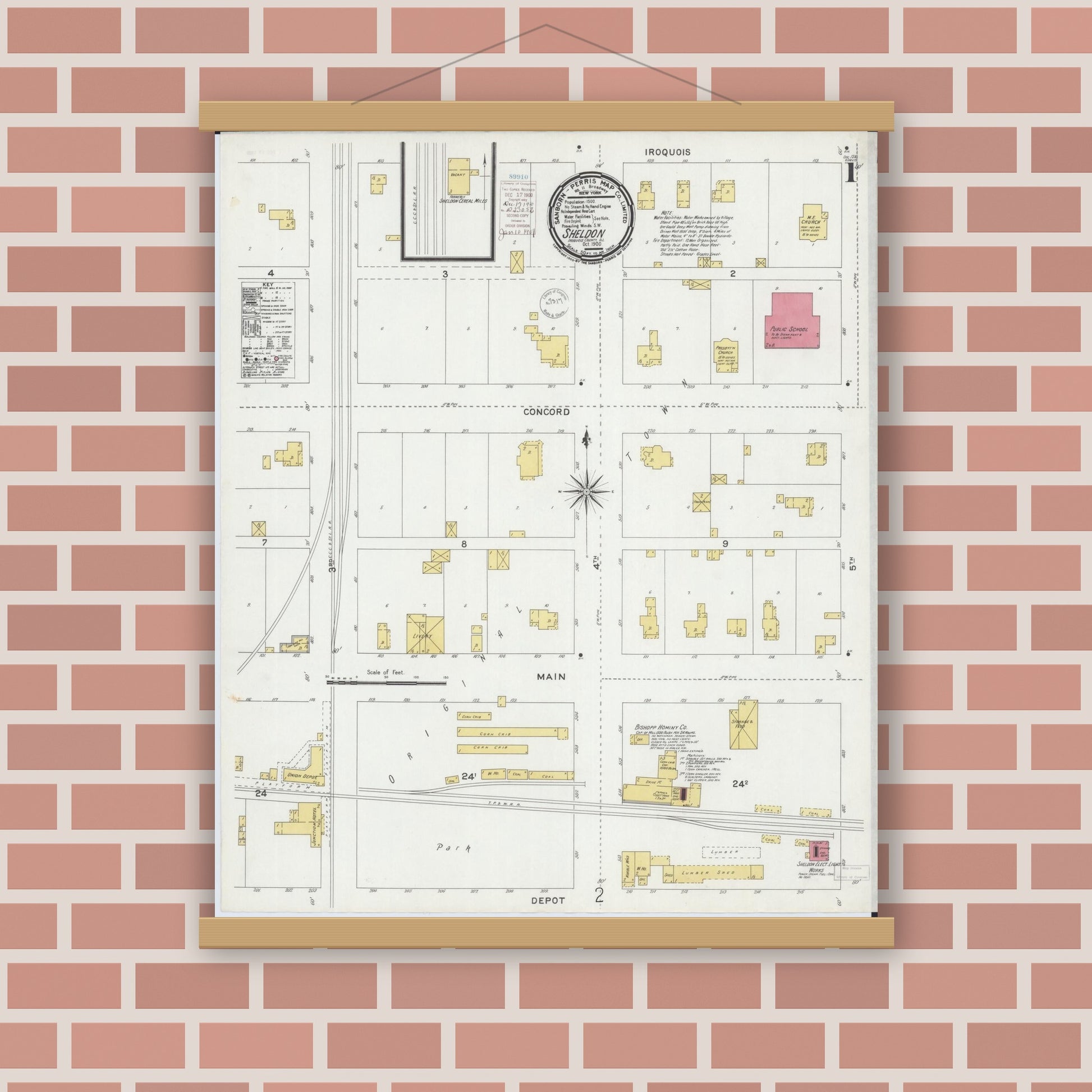 Old map wall art mockup — magnetic wood frame on brick wall — Sanborn Fire Insurance Map from Sheldon, Iroquois County, Illinois (1900) - Complete Map Set