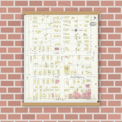 Old map wall art mockup — magnetic wood frame on brick wall — Sanborn Fire Insurance Map from Bryan, Williams County, Ohio (1911), Sheet #0006