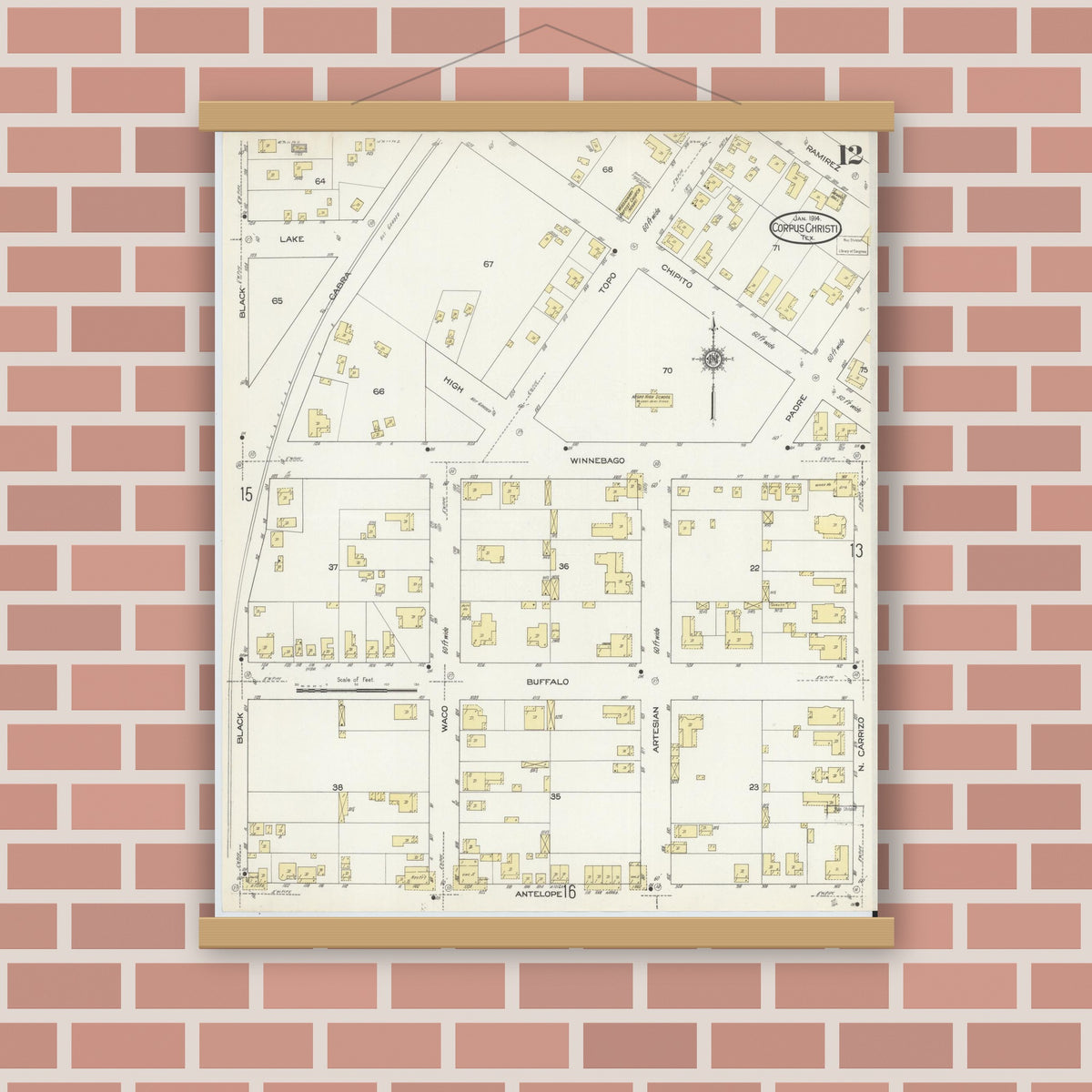 Old map wall art mockup — magnetic wood frame on brick wall — Sanborn Fire Insurance Map from Corpus Christi, Nueces County, Texas (1914), Sheet #0012