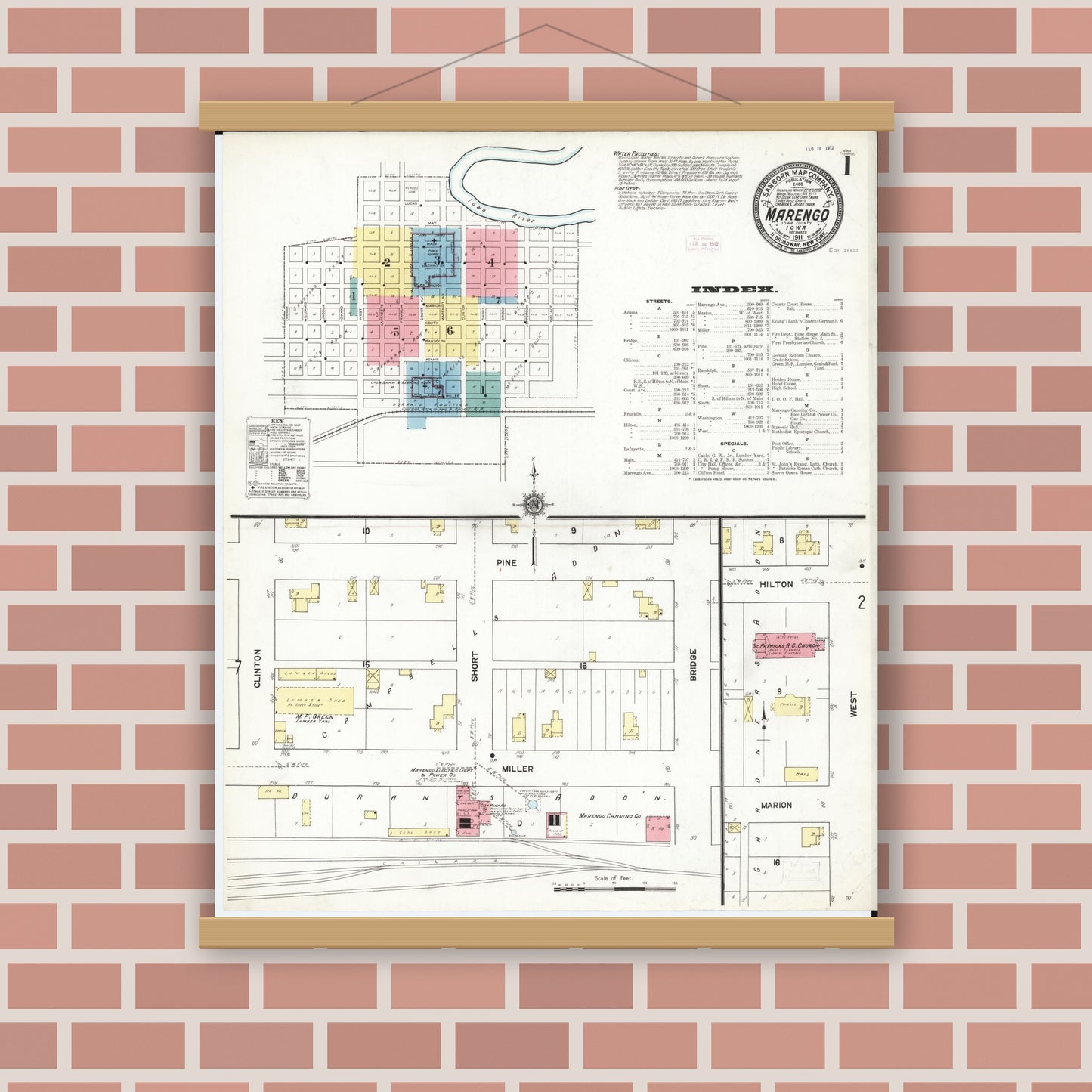 Old map wall art mockup — magnetic wood frame on brick wall — Sanborn Fire Insurance Map from Marengo, Iowa County, Iowa (1911) â€” Complete Set