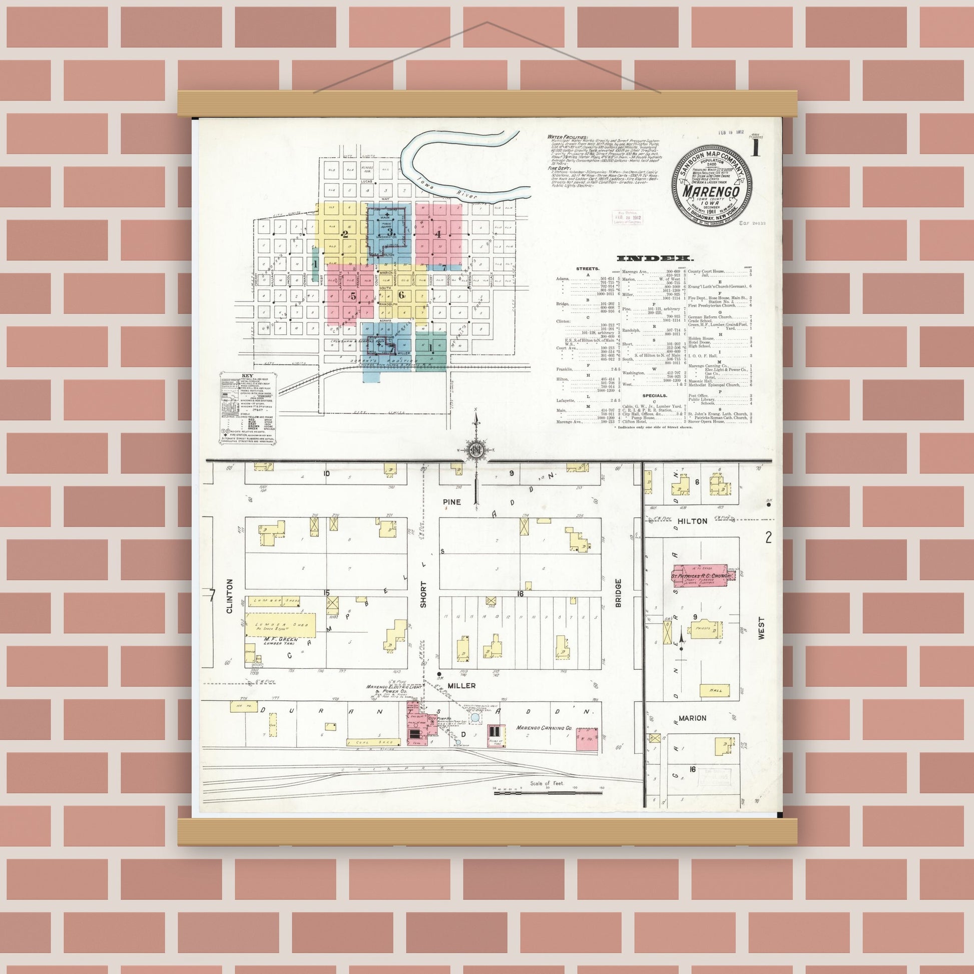 Old map wall art mockup — magnetic wood frame on brick wall — Sanborn Fire Insurance Map from Marengo, Iowa County, Iowa (1911) â€” Complete Set