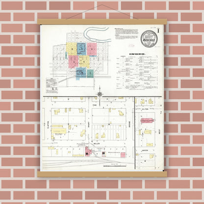 Old map wall art mockup — magnetic wood frame on brick wall — Sanborn Fire Insurance Map from Marengo, Iowa County, Iowa (1911) â€” Complete Set