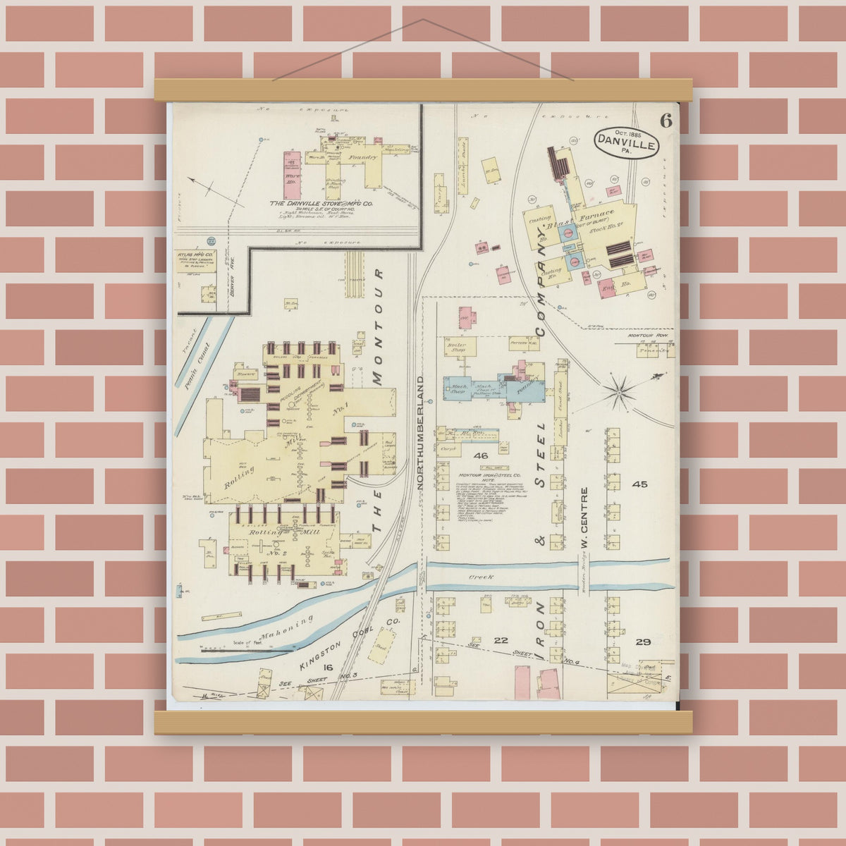 Old map wall art mockup — magnetic wood frame on brick wall — Sanborn Fire Insurance Map from Danville, Montour County, Pennsylvania (1885), Sheet #0006
