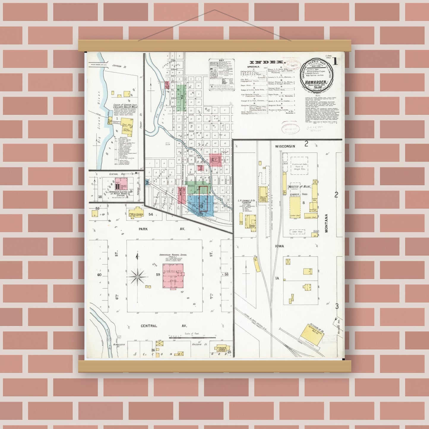Old map wall art mockup — magnetic wood frame on brick wall — Sanborn Fire Insurance Map from Hawarden, Sioux County, Iowa (1899) â€” Complete Set