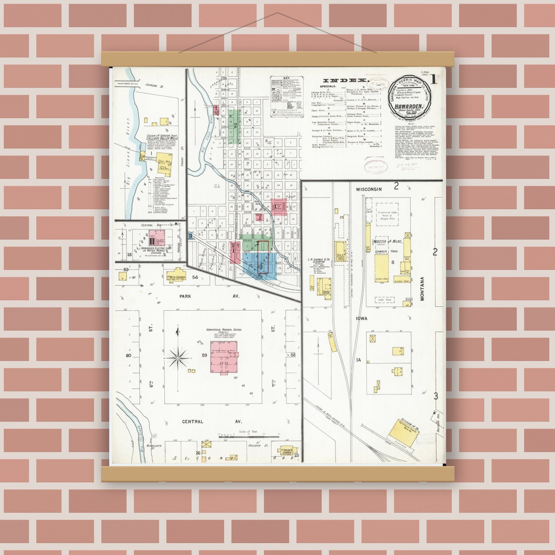 Old map wall art mockup — magnetic wood frame on brick wall — Sanborn Fire Insurance Map from Hawarden, Sioux County, Iowa (1899) â€” Complete Set