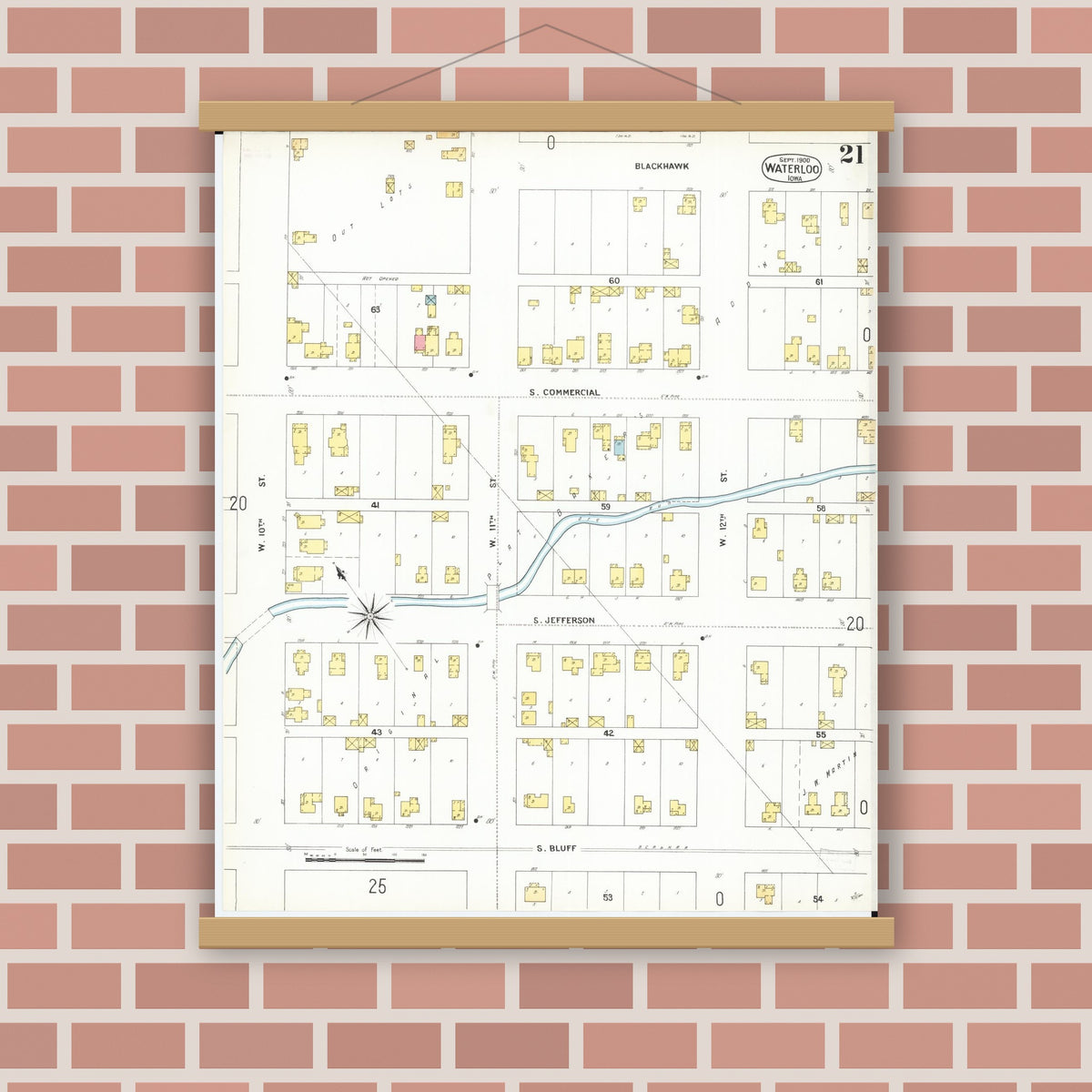 Old map wall art mockup — magnetic wood frame on brick wall — Sanborn Fire Insurance Map from Waterloo, Black Hawk County, Iowa (1900), Sheet #0021