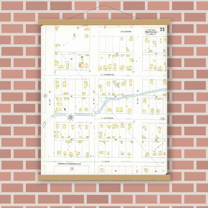 Old map wall art mockup — magnetic wood frame on brick wall — Sanborn Fire Insurance Map from Waterloo, Black Hawk County, Iowa (1900), Sheet #0021