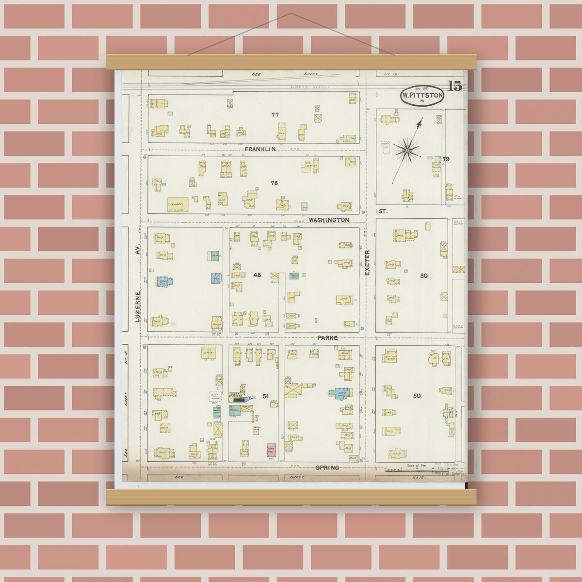Old map wall art mockup — magnetic wood frame on brick wall — Sanborn Fire Insurance Map from Pittston, Luzerne County, Pennsylvania (1891), Sheet #0015