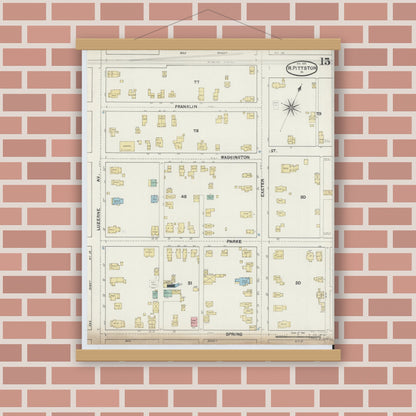 Old map wall art mockup — magnetic wood frame on brick wall — Sanborn Fire Insurance Map from Pittston, Luzerne County, Pennsylvania (1891), Sheet #0015