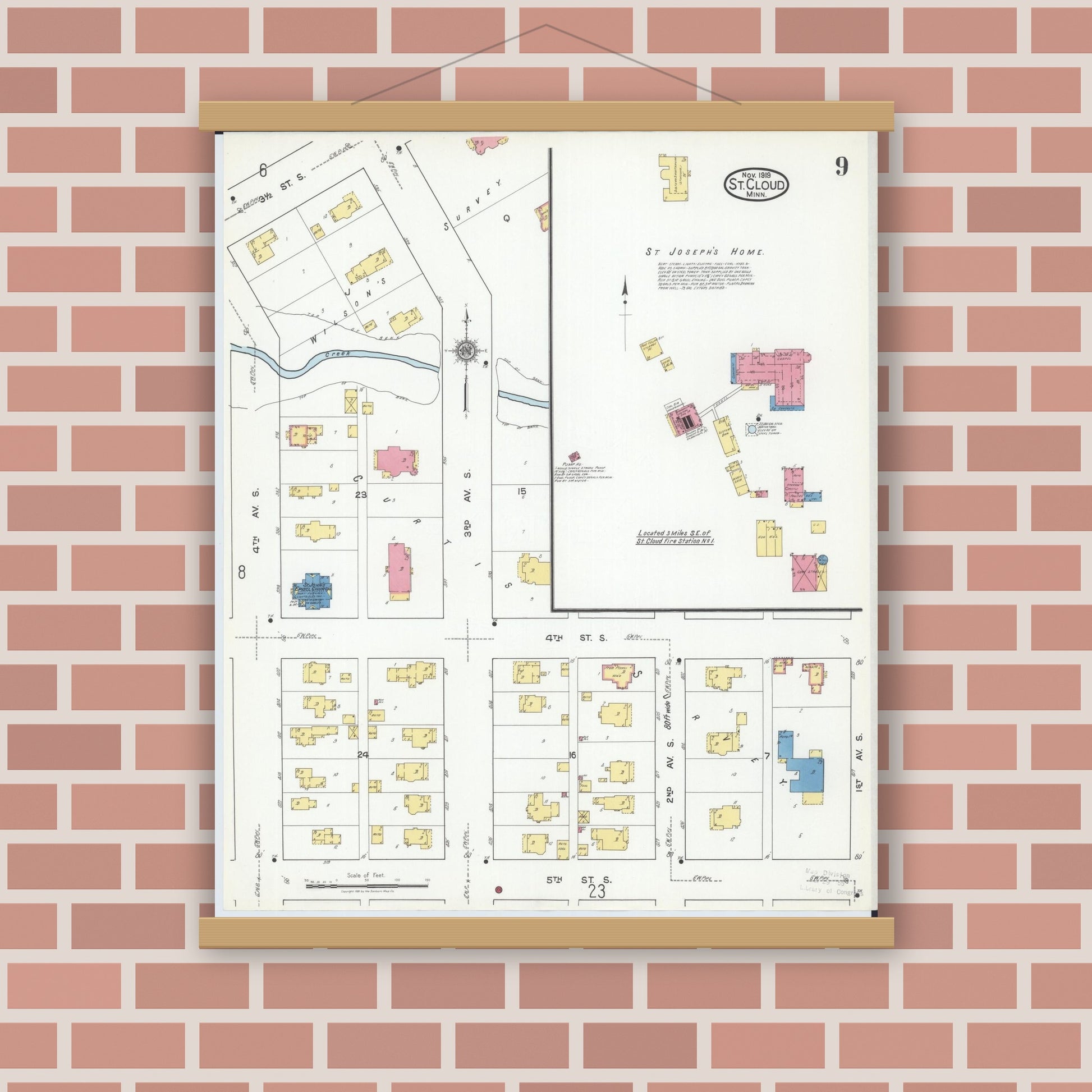 Old map wall art mockup — magnetic wood frame on brick wall — Sanborn Fire Insurance Map from Saint Cloud, Stearns, Benton, and Sherburne Counties, Minnesota (1919), Sheet #0009