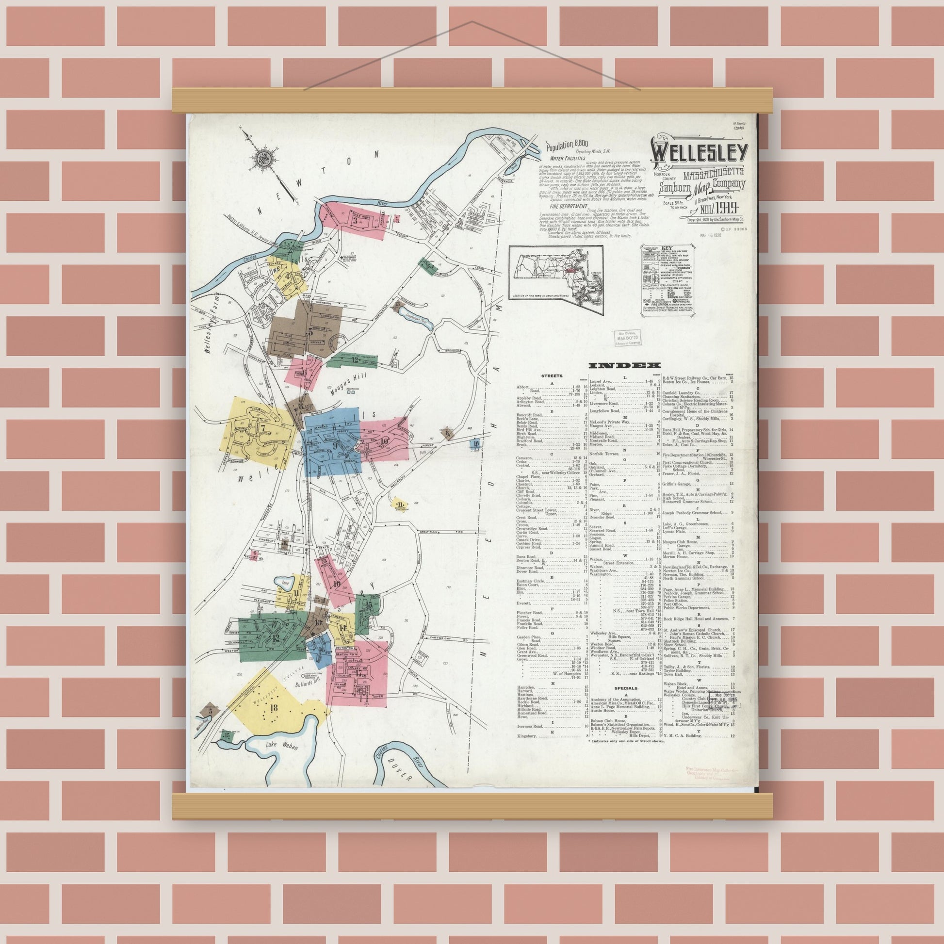 Old map wall art mockup — magnetic wood frame on brick wall — Sanborn Fire Insurance Map from Wellesley, Norfolk County, Massachusetts (1919) - Complete Map Set