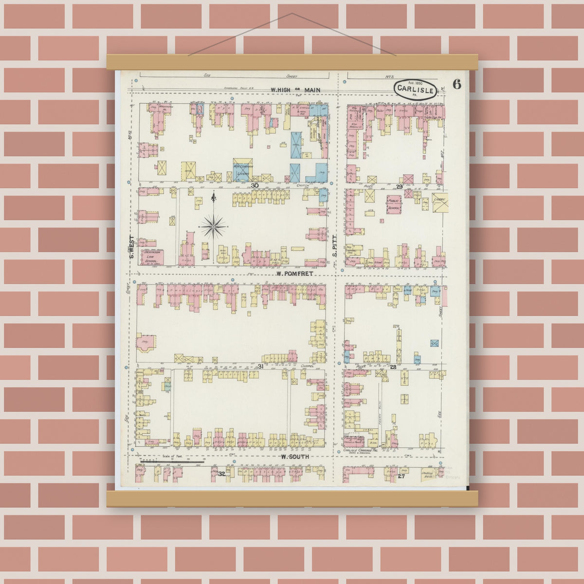 Old map wall art mockup — magnetic wood frame on brick wall — Sanborn Fire Insurance Map from Carlisle, Cumberland County, Pennsylvania (1890), Sheet #0006