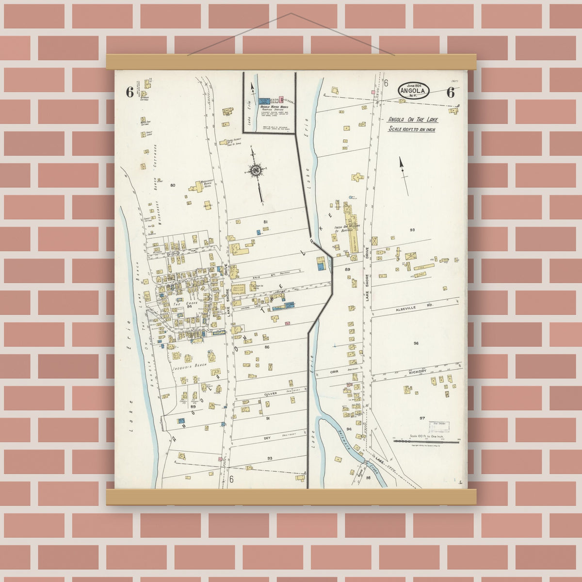 Old map wall art mockup — magnetic wood frame on brick wall — Sanborn Fire Insurance Map from Angola, Erie County, New York (1924), Sheet #0006