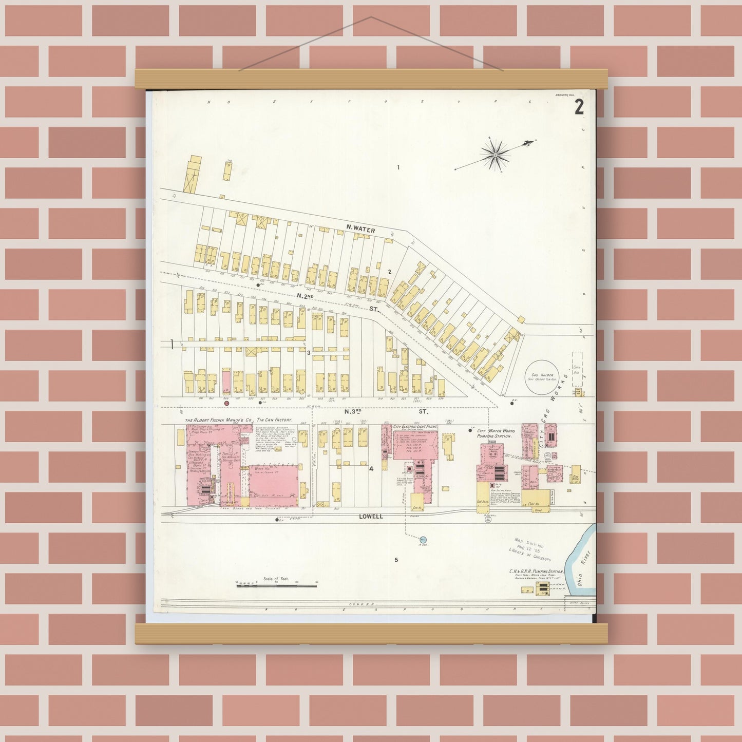 Old map wall art mockup — magnetic wood frame on brick wall — Sanborn Fire Insurance Map from Hamilton, Butler County, Ohio (1899), Sheet #0002