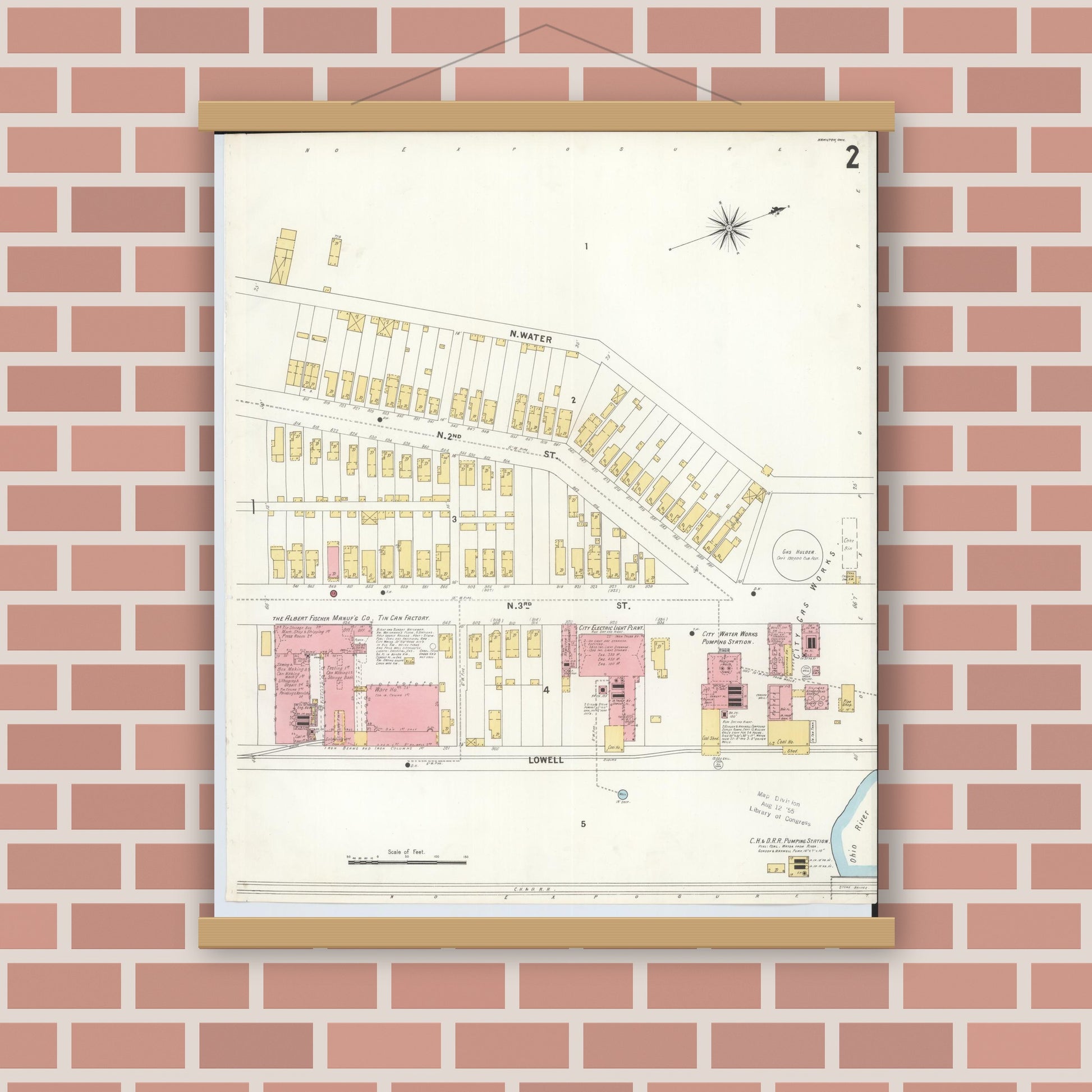 Old map wall art mockup — magnetic wood frame on brick wall — Sanborn Fire Insurance Map from Hamilton, Butler County, Ohio (1899), Sheet #0002