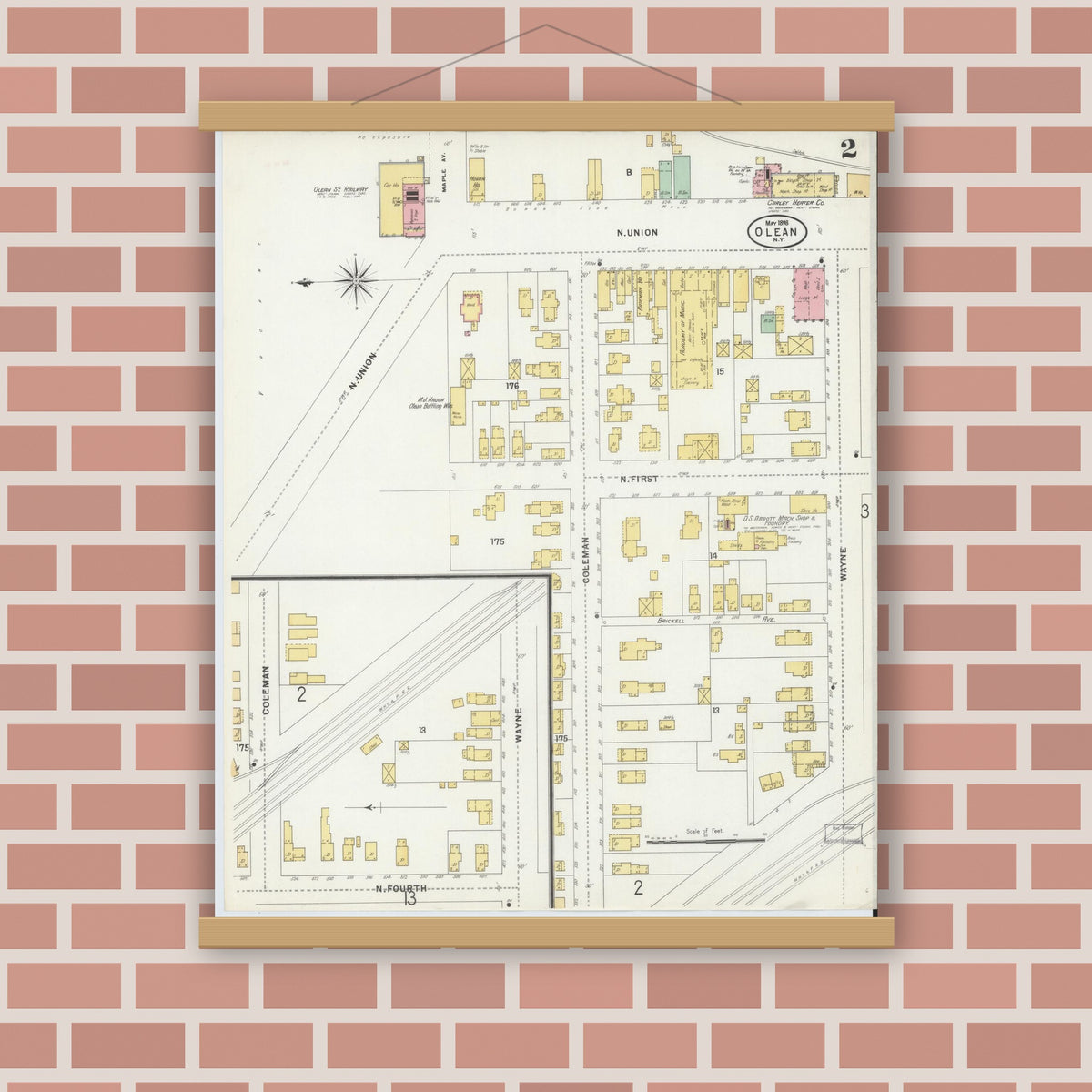 Old map wall art mockup — magnetic wood frame on brick wall — Sanborn Fire Insurance Map from Olean, Cattaraugus County, New York (1898) - Complete Map Set