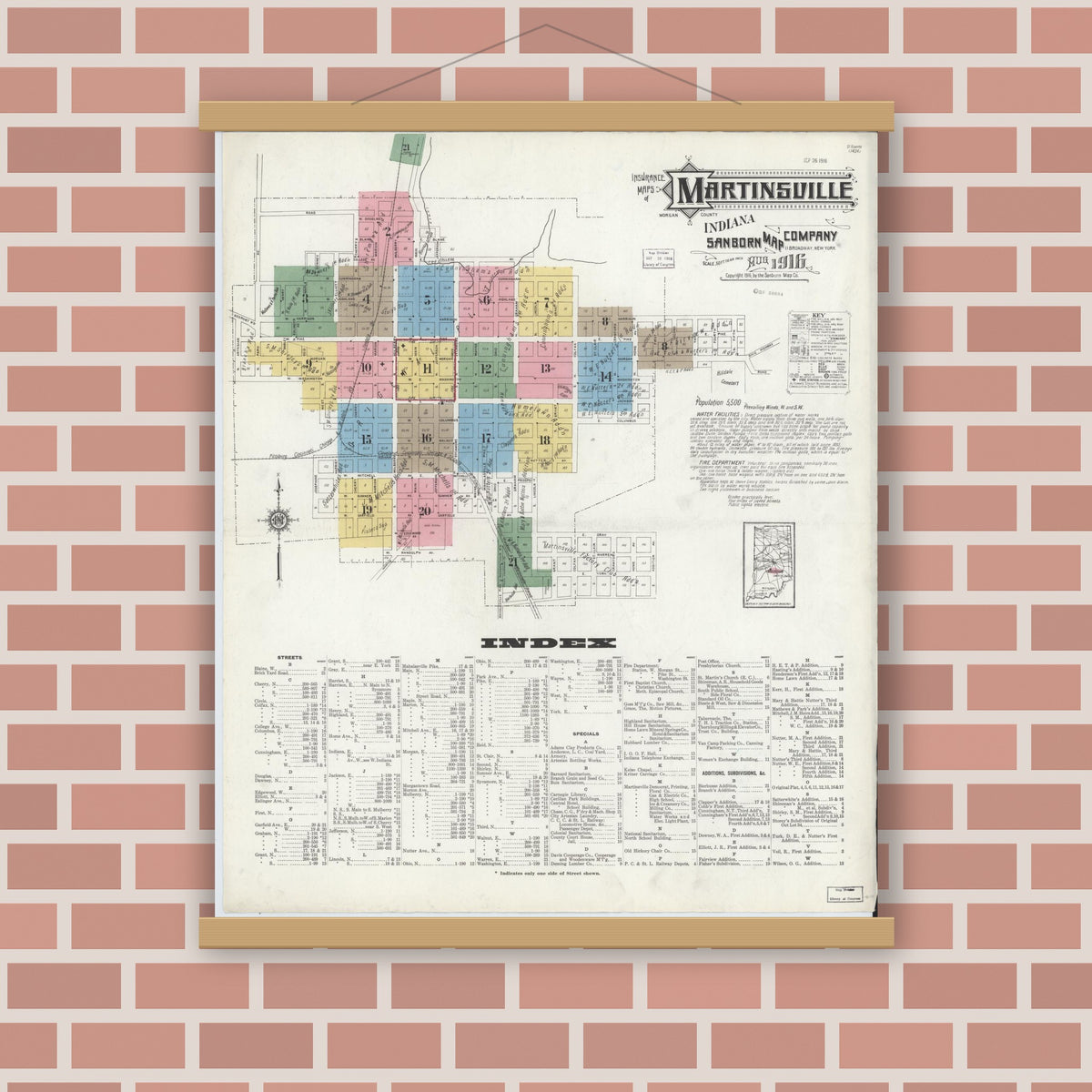 Old map wall art mockup — magnetic wood frame on brick wall — Sanborn Fire Insurance Map from Martinsville, Morgan County, Indiana (1916), Sheet #0001