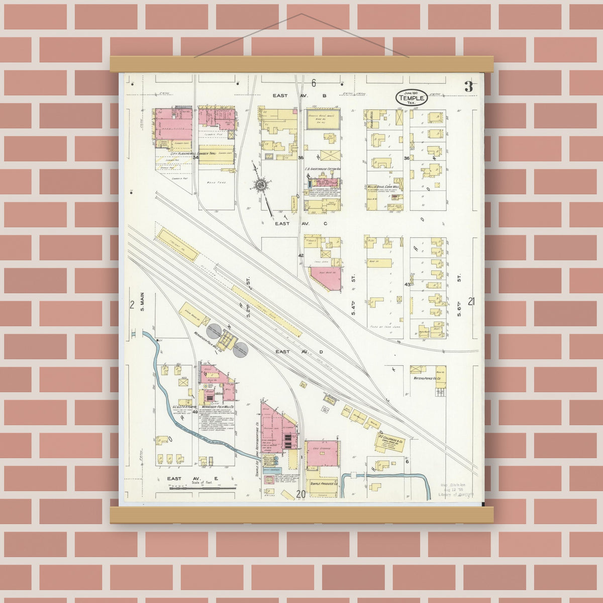 Old map wall art mockup — magnetic wood frame on brick wall — Sanborn Fire Insurance Map from Temple, Bell County, Texas (1910), Sheet #0003