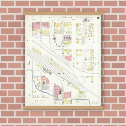 Old map wall art mockup — magnetic wood frame on brick wall — Sanborn Fire Insurance Map from Temple, Bell County, Texas (1910), Sheet #0003