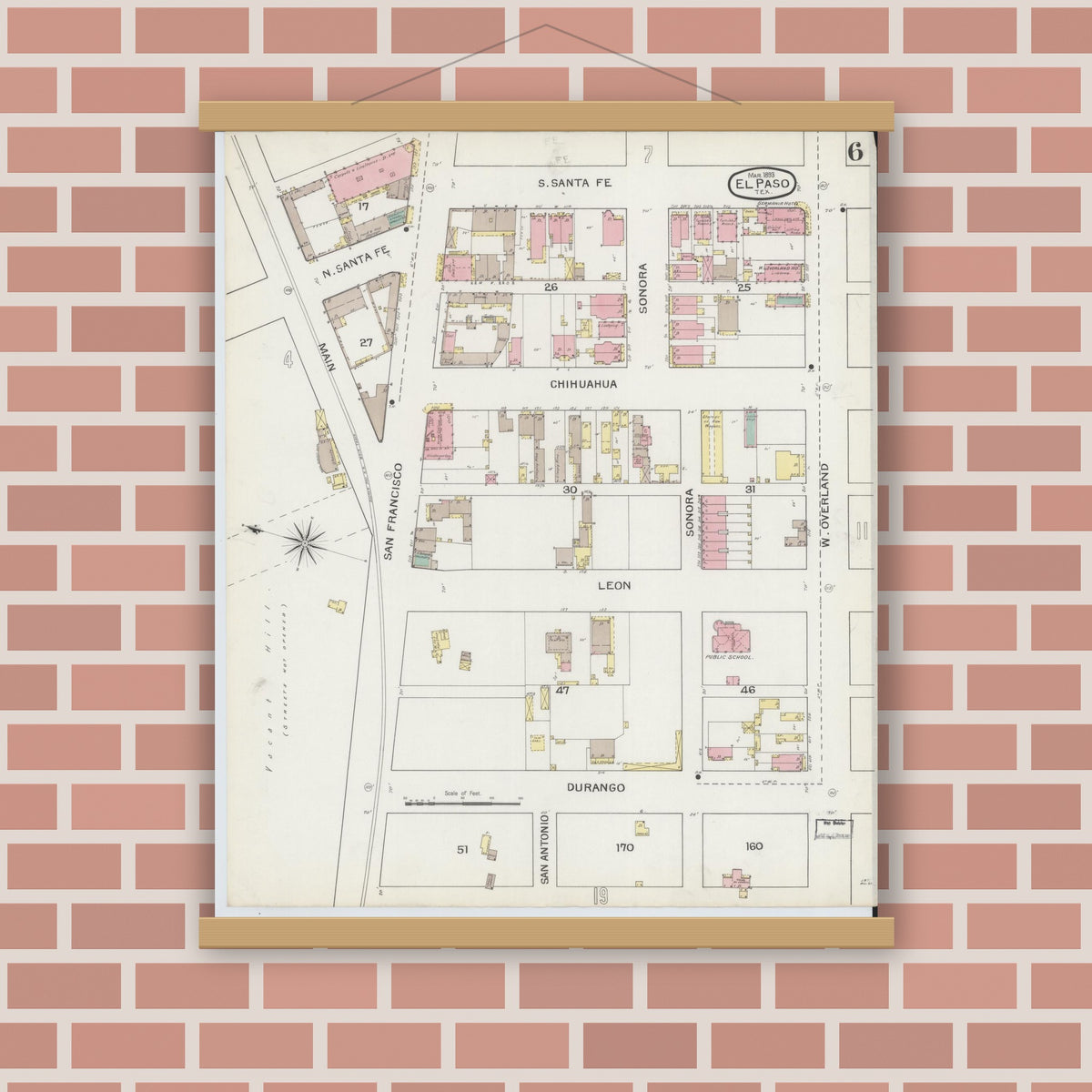 Old map wall art mockup — magnetic wood frame on brick wall — Sanborn Fire Insurance Map from El Paso, El Paso County, Texas (1893), Sheet #0006
