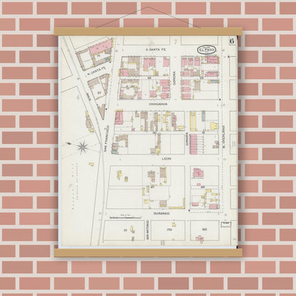 Old map wall art mockup — magnetic wood frame on brick wall — Sanborn Fire Insurance Map from El Paso, El Paso County, Texas (1893), Sheet #0006