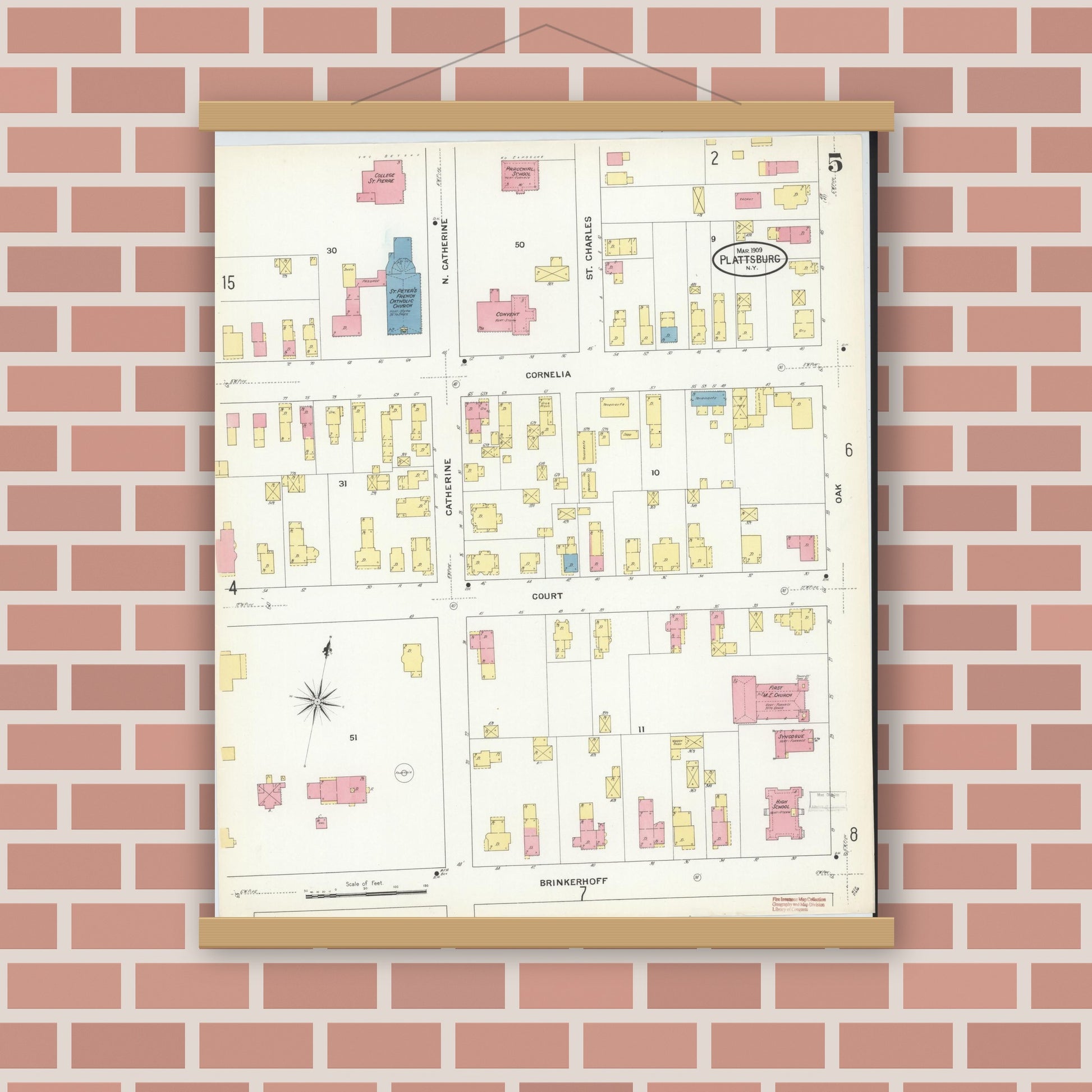Old map wall art mockup — magnetic wood frame on brick wall — Sanborn Fire Insurance Map from Plattsburg, Clinton County, New York (1909), Sheet #0004
