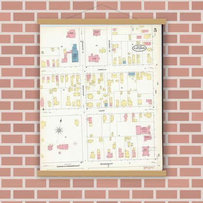 Old map wall art mockup — magnetic wood frame on brick wall — Sanborn Fire Insurance Map from Plattsburg, Clinton County, New York (1909), Sheet #0004