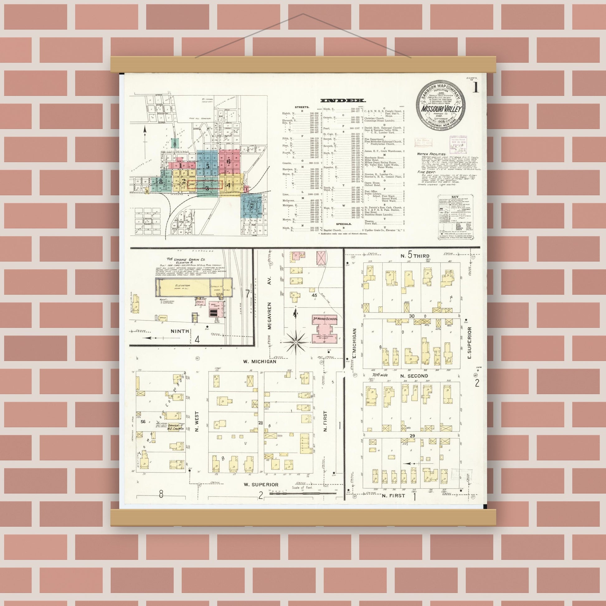 Old map wall art mockup — magnetic wood frame on brick wall — Sanborn Fire Insurance Map from Missouri Valley, Harrison County, Iowa (1908) - Complete Map Set
