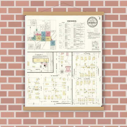 Old map wall art mockup — magnetic wood frame on brick wall — Sanborn Fire Insurance Map from Missouri Valley, Harrison County, Iowa (1908) - Complete Map Set