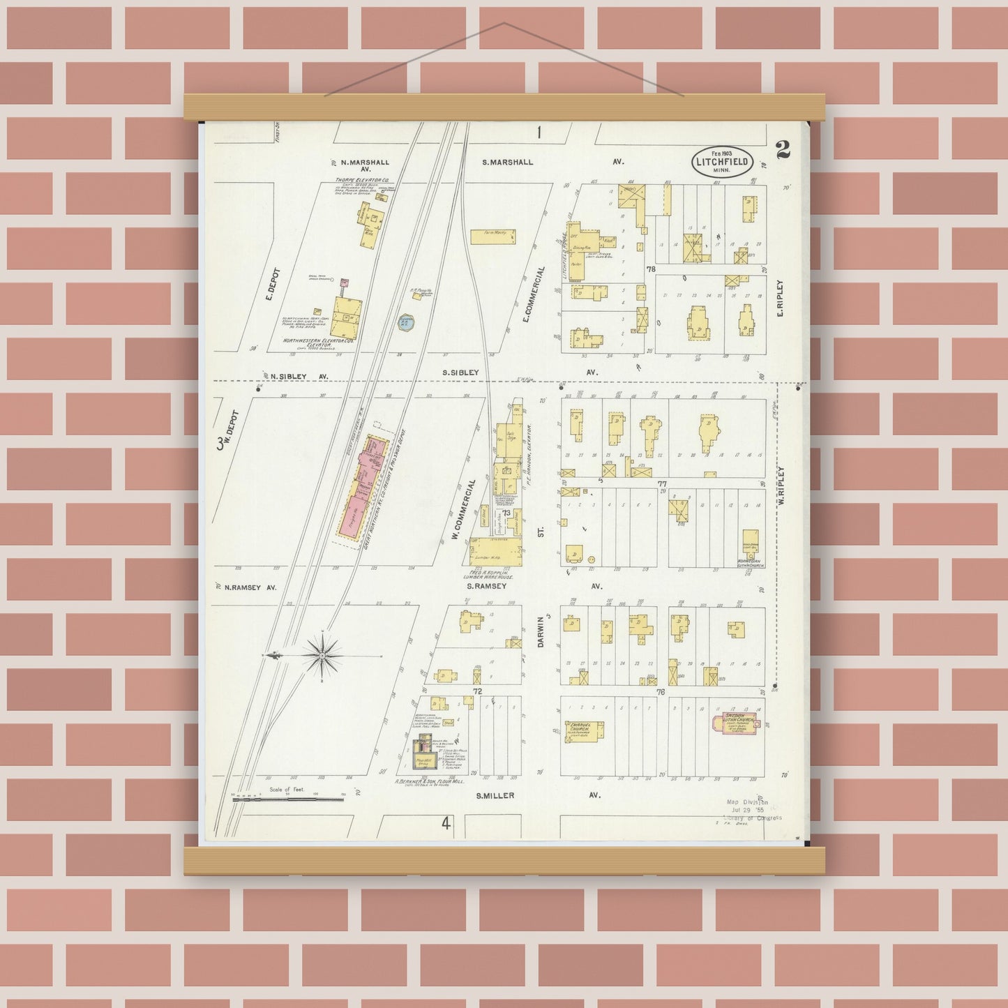 Old map wall art mockup — magnetic wood frame on brick wall — Sanborn Fire Insurance Map from Litchfield, Meeker County, Minnesota (1903), Sheet #0002