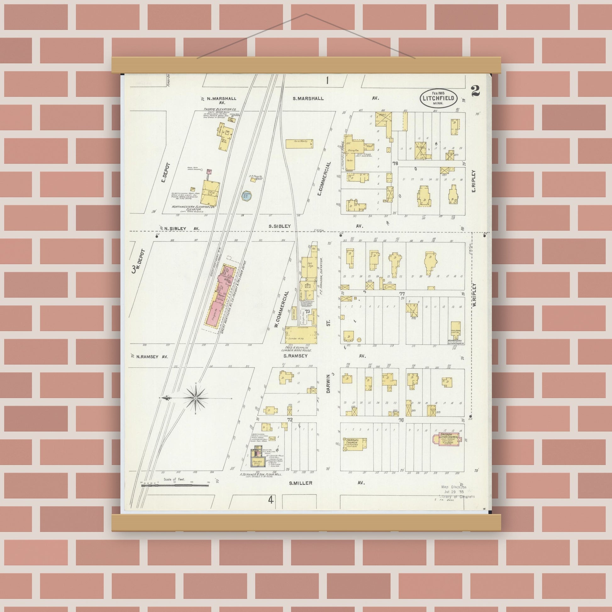 Old map wall art mockup — magnetic wood frame on brick wall — Sanborn Fire Insurance Map from Litchfield, Meeker County, Minnesota (1903), Sheet #0002