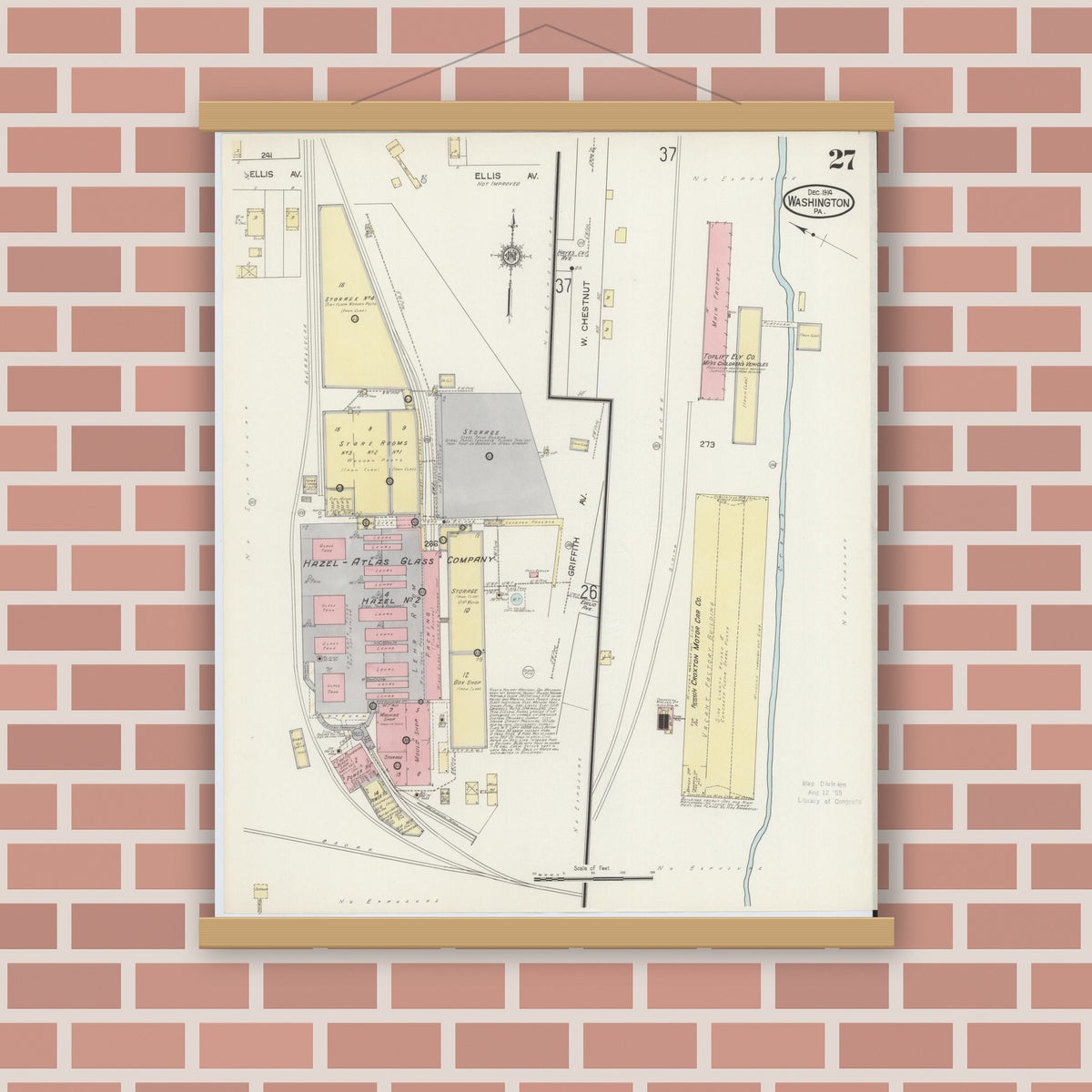 Old map wall art mockup — magnetic wood frame on brick wall — Sanborn Fire Insurance Map from Washington, Washington County, Pennsylvania (1914), Sheet #0027