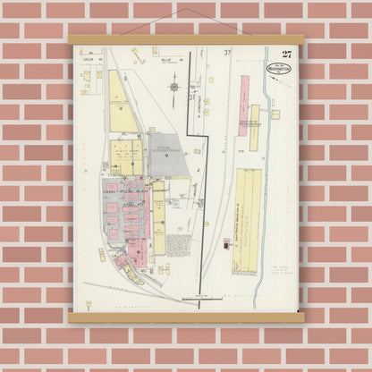Old map wall art mockup — magnetic wood frame on brick wall — Sanborn Fire Insurance Map from Washington, Washington County, Pennsylvania (1914), Sheet #0027