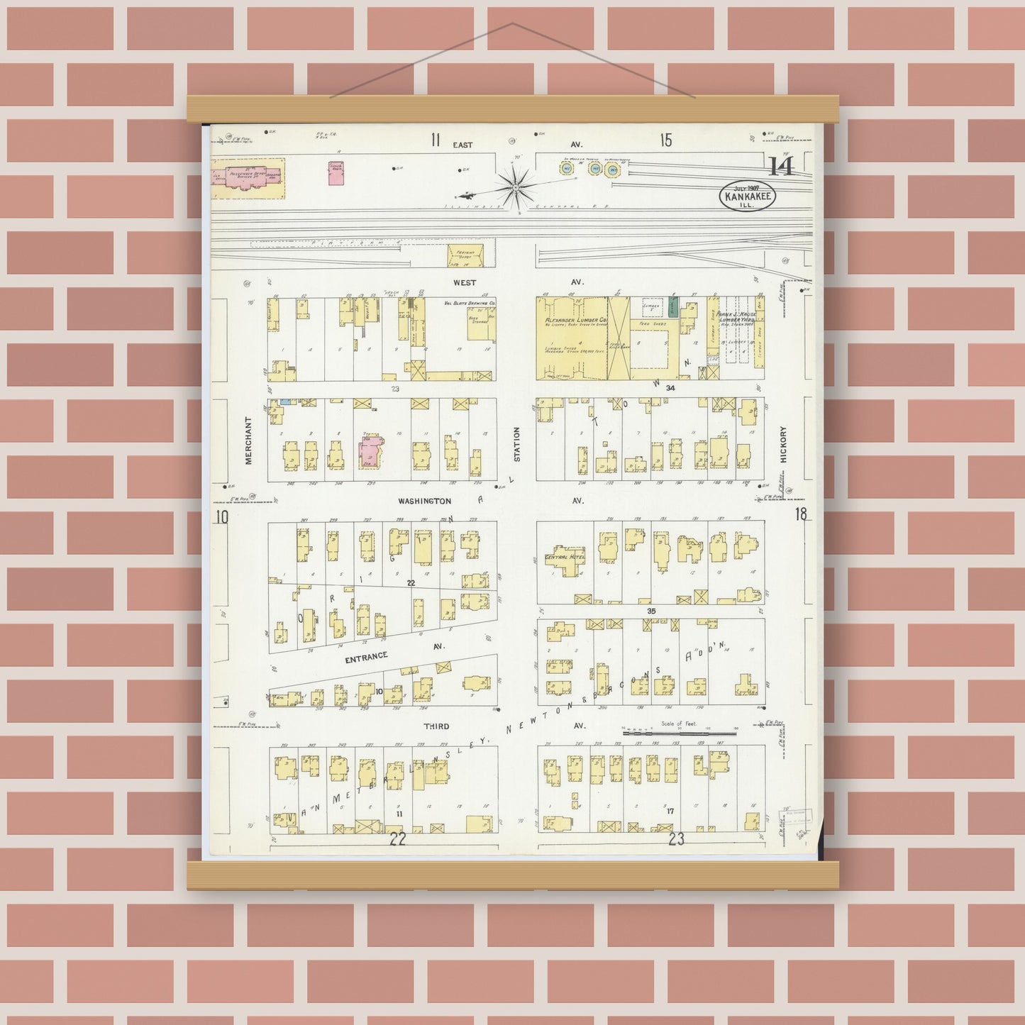 Old map wall art mockup — magnetic wood frame on brick wall — Sanborn Fire Insurance Map from Kankakee, Kankakee County, Illinois (1907), Sheet #0014