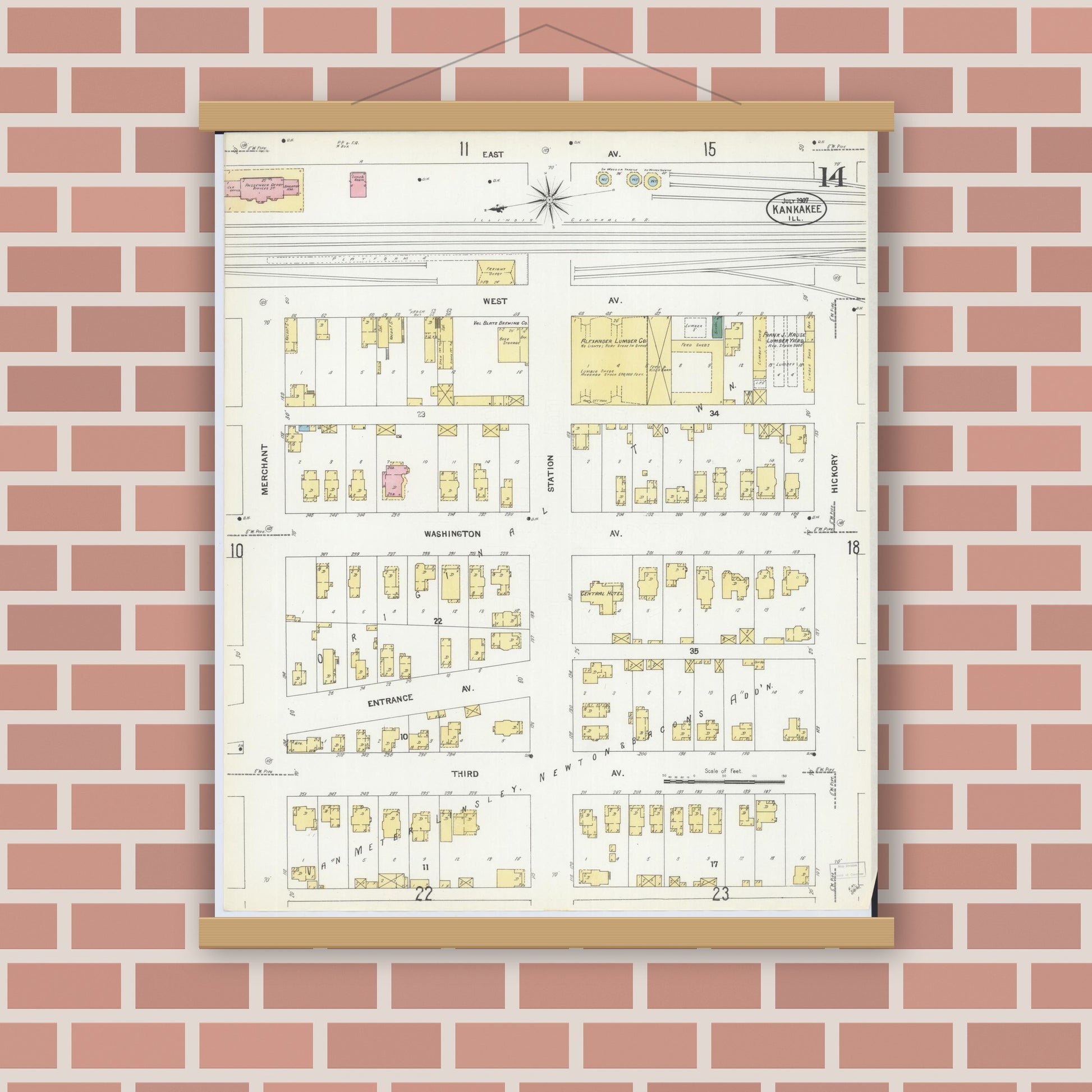 Old map wall art mockup — magnetic wood frame on brick wall — Sanborn Fire Insurance Map from Kankakee, Kankakee County, Illinois (1907), Sheet #0014