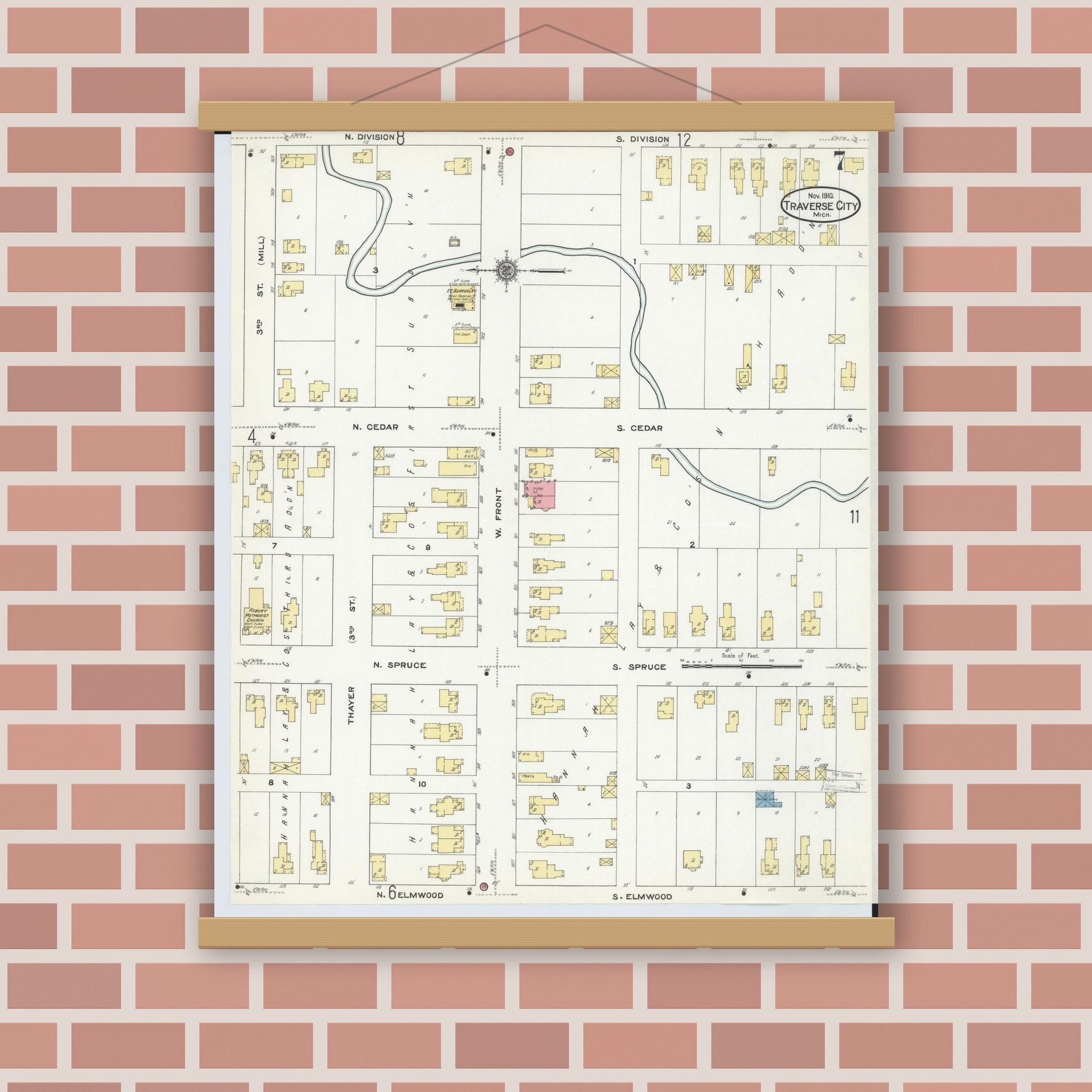 Old map wall art mockup — magnetic wood frame on brick wall — Sanborn Fire Insurance Map from Traverse City, Grand Traverse County, Michigan (1910), Sheet #0007