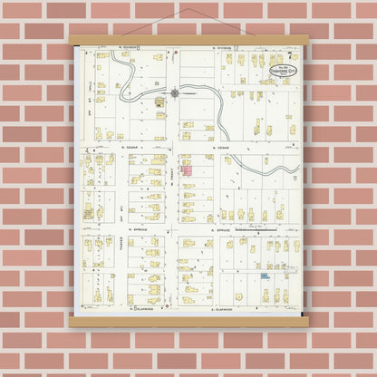 Old map wall art mockup — magnetic wood frame on brick wall — Sanborn Fire Insurance Map from Traverse City, Grand Traverse County, Michigan (1910), Sheet #0007