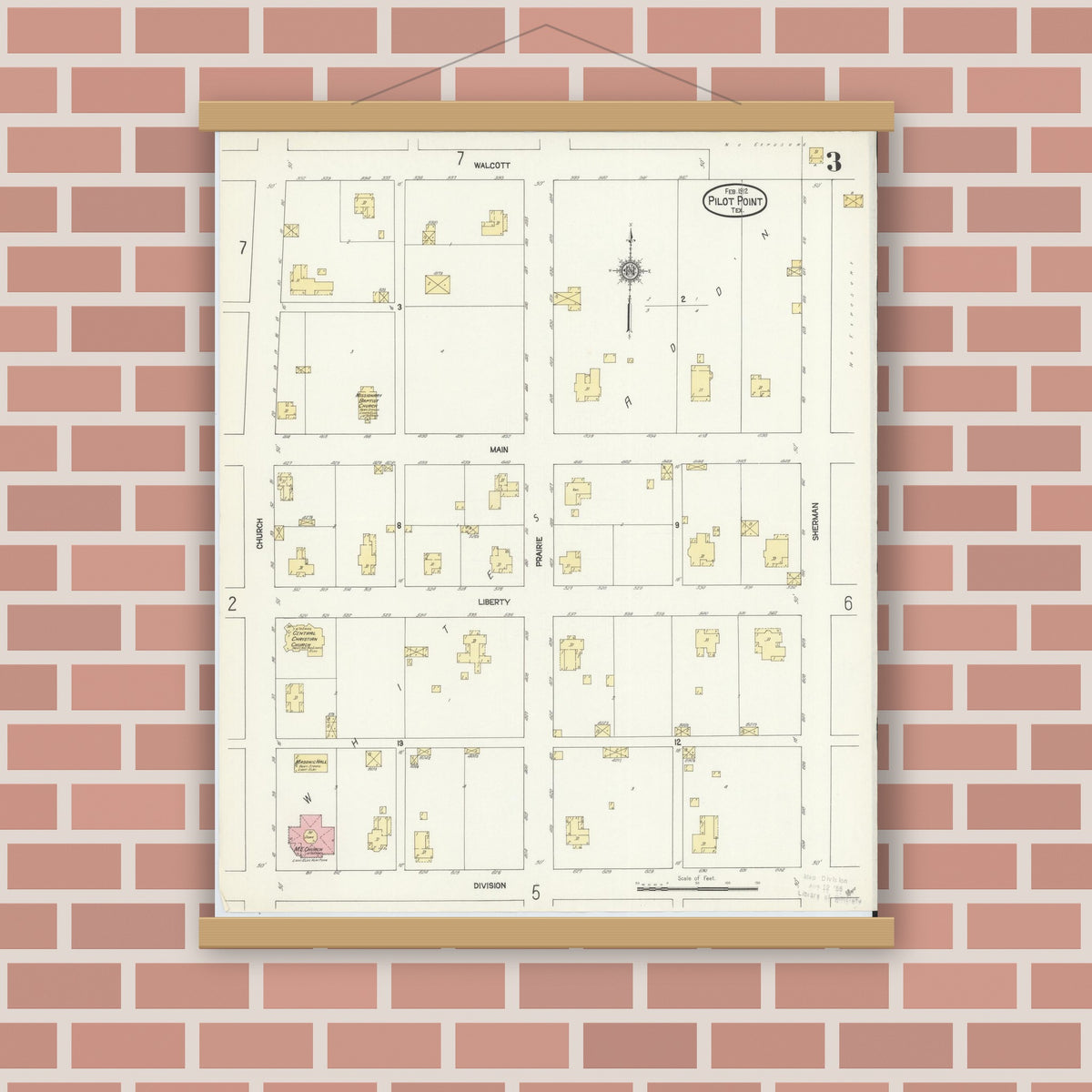 Old map wall art mockup — magnetic wood frame on brick wall — Sanborn Fire Insurance Map from Pilot Point, Denton County, Texas (1912), Sheet #0003