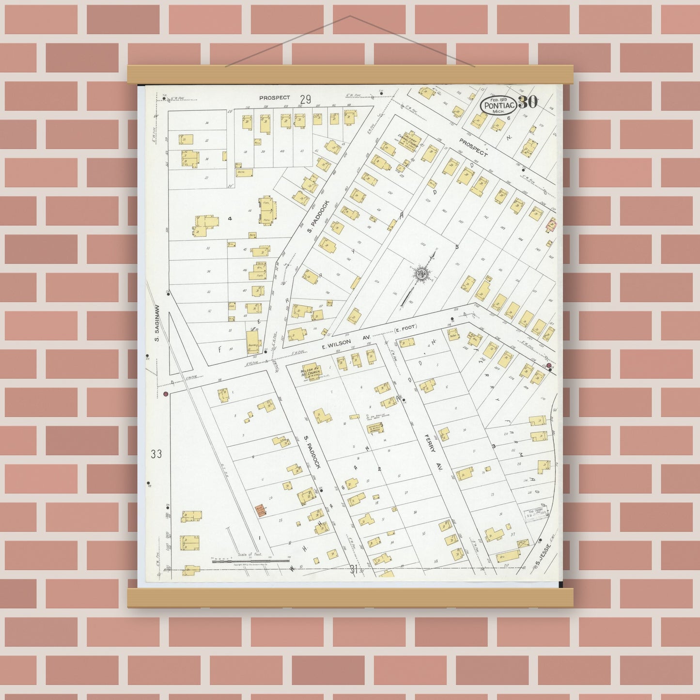 Old map wall art mockup — magnetic wood frame on brick wall — Sanborn Fire Insurance Map from Pontiac, Oakland County, Michigan (1919), Sheet #0030