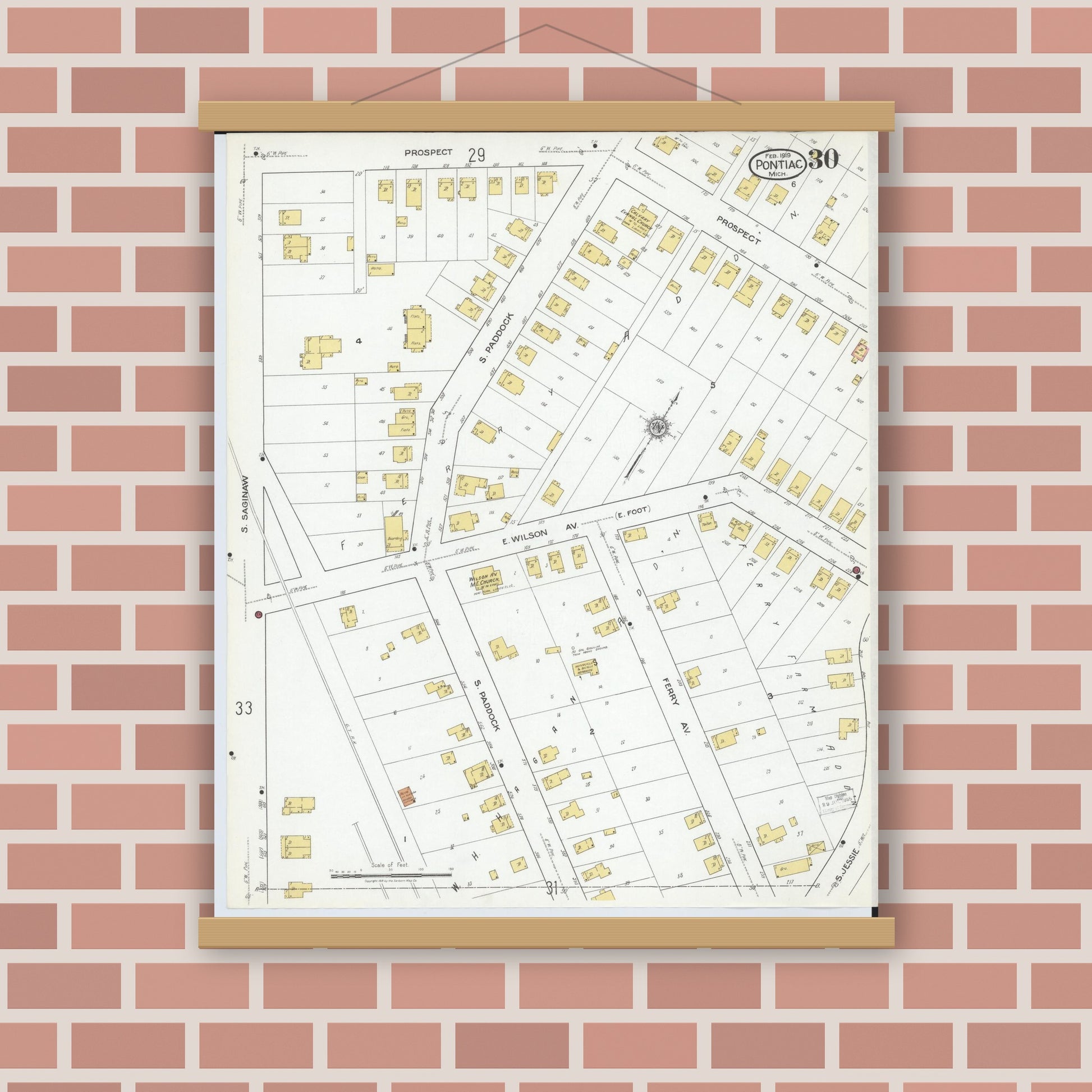 Old map wall art mockup — magnetic wood frame on brick wall — Sanborn Fire Insurance Map from Pontiac, Oakland County, Michigan (1919), Sheet #0030