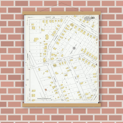 Old map wall art mockup — magnetic wood frame on brick wall — Sanborn Fire Insurance Map from Pontiac, Oakland County, Michigan (1919), Sheet #0030